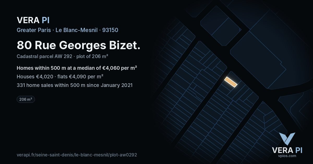 80 Rue Georges Bizet, Le Blanc-Mesnil at night – the plot lit, the parcels around coloured by the prices near them