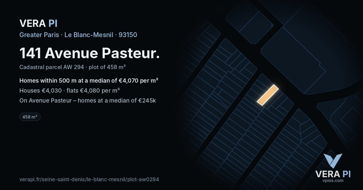 141 Avenue Pasteur, Le Blanc-Mesnil at night – the plot lit, the parcels around coloured by the prices near them