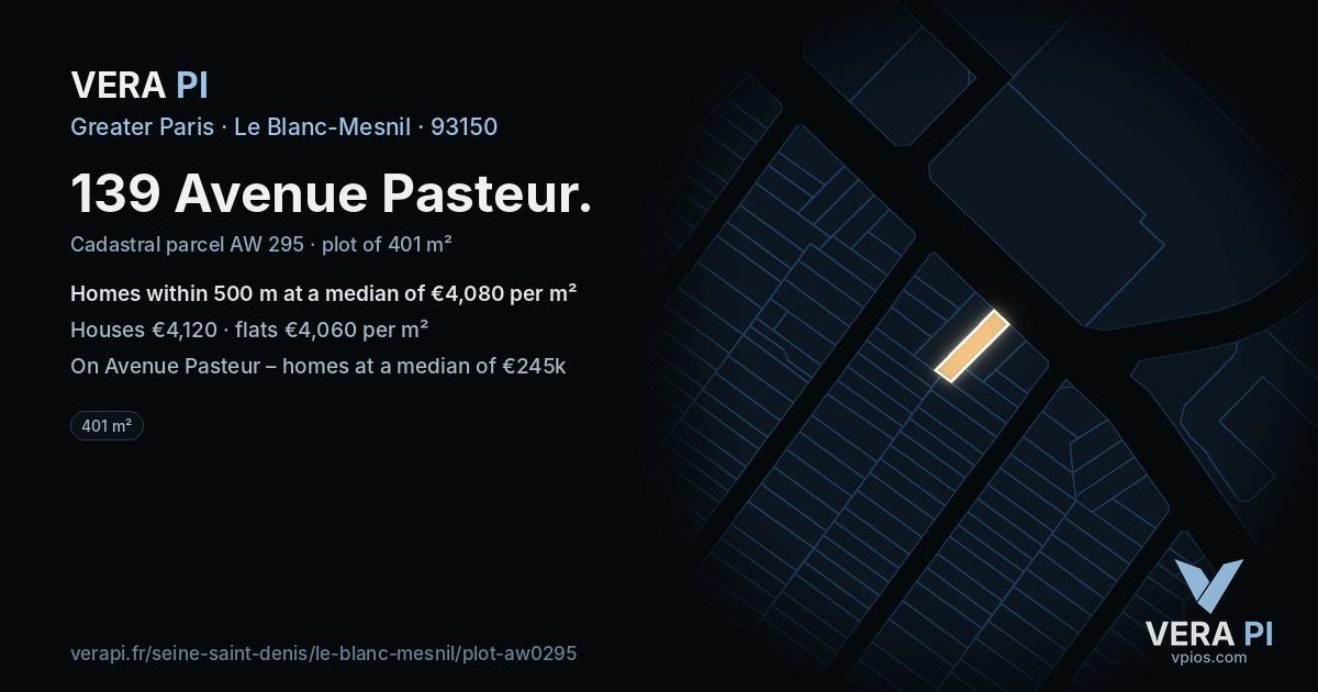 139 Avenue Pasteur, Le Blanc-Mesnil at night – the plot lit, the parcels around coloured by the prices near them