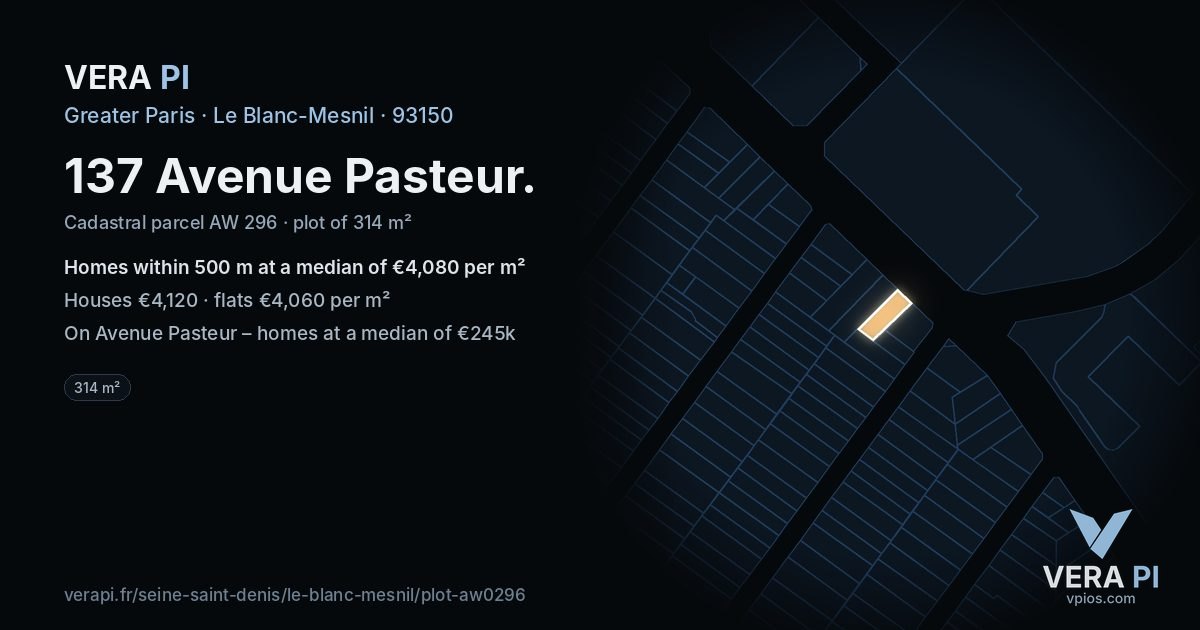 137 Avenue Pasteur, Le Blanc-Mesnil at night – the plot lit, the parcels around coloured by the prices near them
