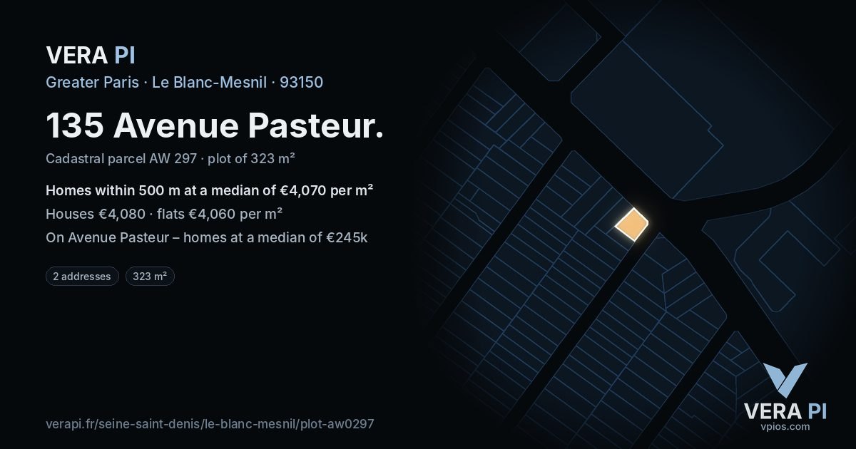 135 Avenue Pasteur, Le Blanc-Mesnil at night – the plot lit, the parcels around coloured by the prices near them