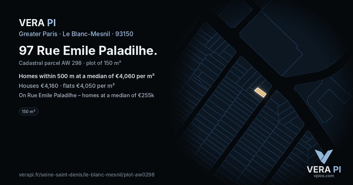 97 Rue Emile Paladilhe, Le Blanc-Mesnil at night – the plot lit, the parcels around coloured by the prices near them