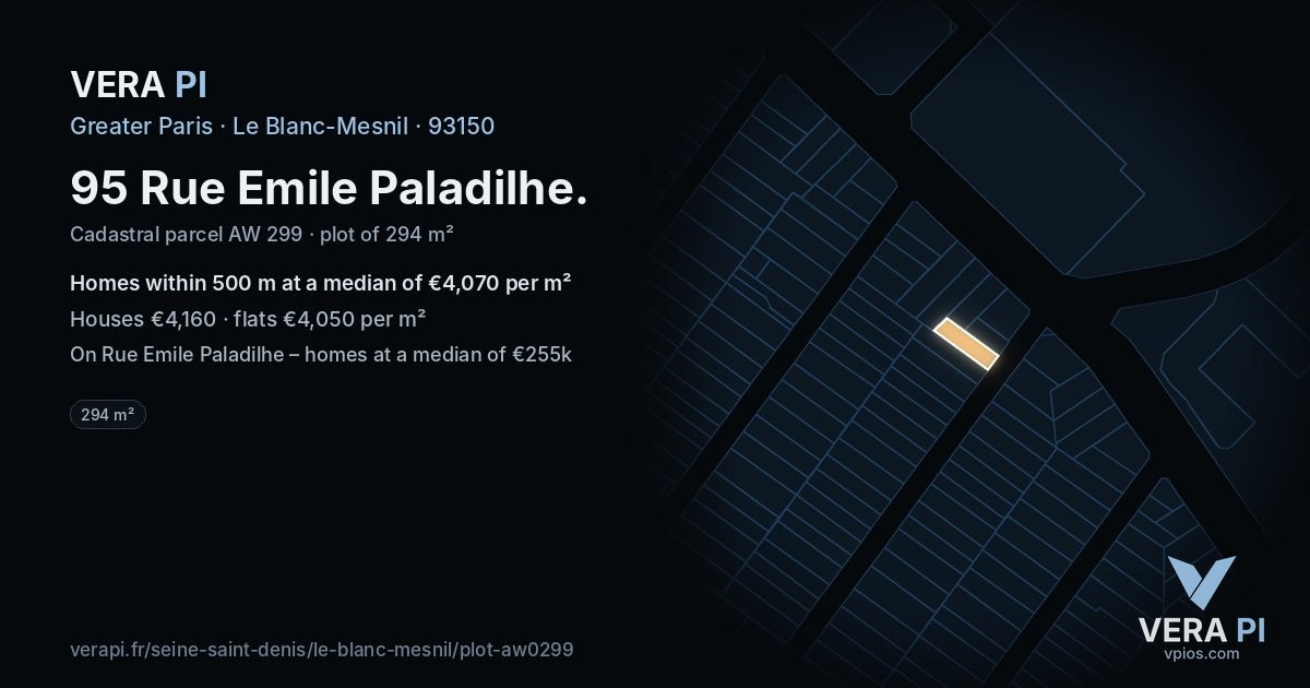 95 Rue Emile Paladilhe, Le Blanc-Mesnil at night – the plot lit, the parcels around coloured by the prices near them