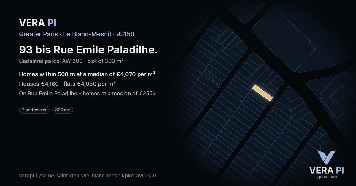 93 bis Rue Emile Paladilhe, Le Blanc-Mesnil at night – the plot lit, the parcels around coloured by the prices near them