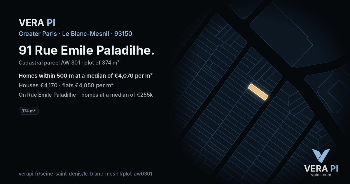 91 Rue Emile Paladilhe, Le Blanc-Mesnil at night – the plot lit, the parcels around coloured by the prices near them