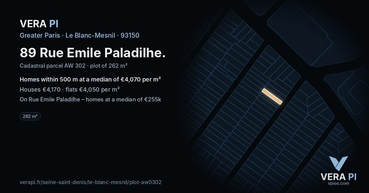 89 Rue Emile Paladilhe, Le Blanc-Mesnil at night – the plot lit, the parcels around coloured by the prices near them
