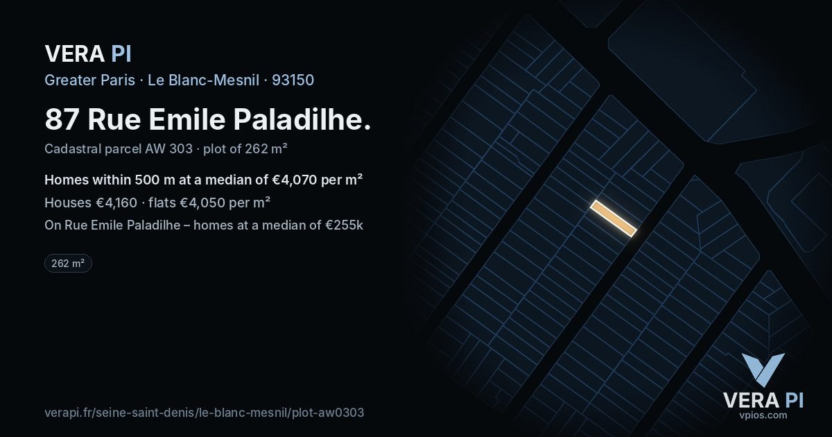 87 Rue Emile Paladilhe, Le Blanc-Mesnil at night – the plot lit, the parcels around coloured by the prices near them
