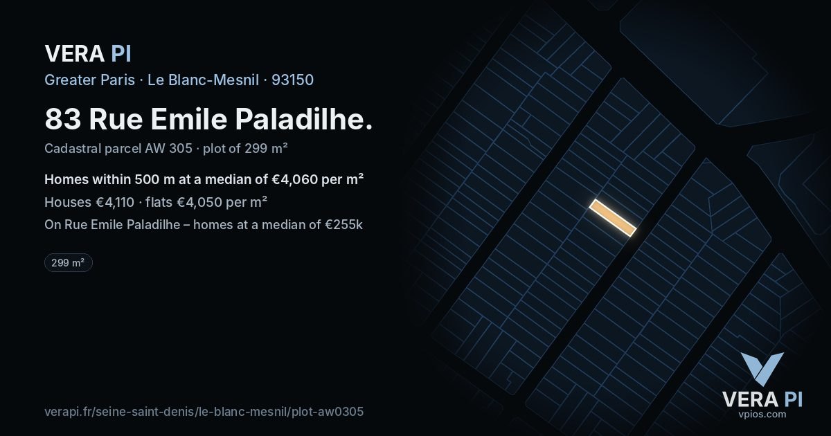 83 Rue Emile Paladilhe, Le Blanc-Mesnil at night – the plot lit, the parcels around coloured by the prices near them