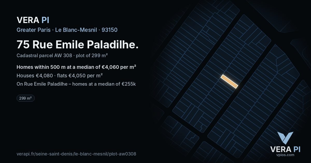 75 Rue Emile Paladilhe, Le Blanc-Mesnil at night – the plot lit, the parcels around coloured by the prices near them