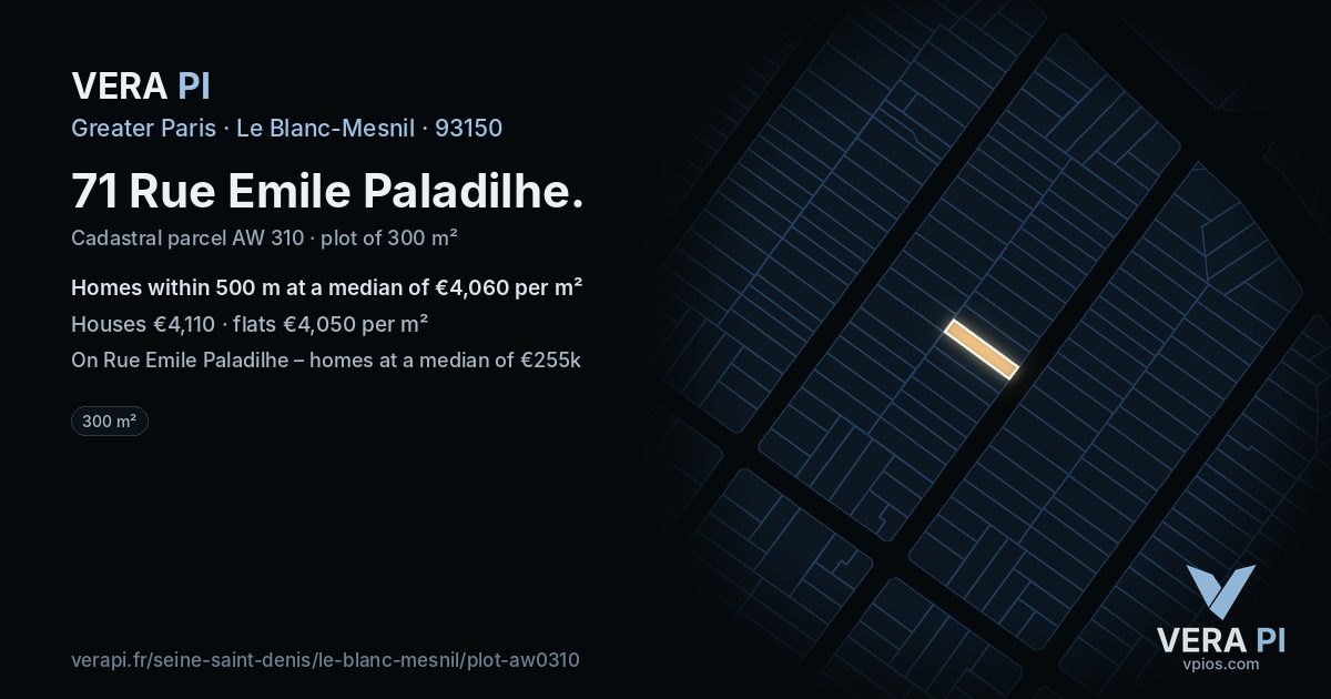 71 Rue Emile Paladilhe, Le Blanc-Mesnil at night – the plot lit, the parcels around coloured by the prices near them