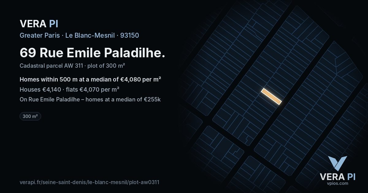 69 Rue Emile Paladilhe, Le Blanc-Mesnil at night – the plot lit, the parcels around coloured by the prices near them