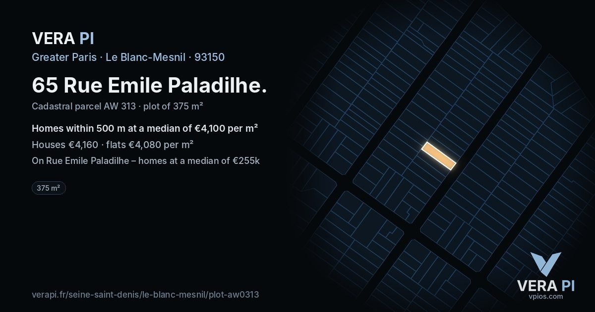 65 Rue Emile Paladilhe, Le Blanc-Mesnil at night – the plot lit, the parcels around coloured by the prices near them