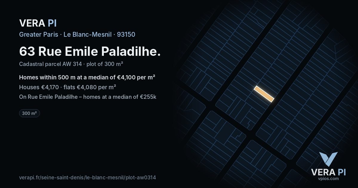 63 Rue Emile Paladilhe, Le Blanc-Mesnil at night – the plot lit, the parcels around coloured by the prices near them