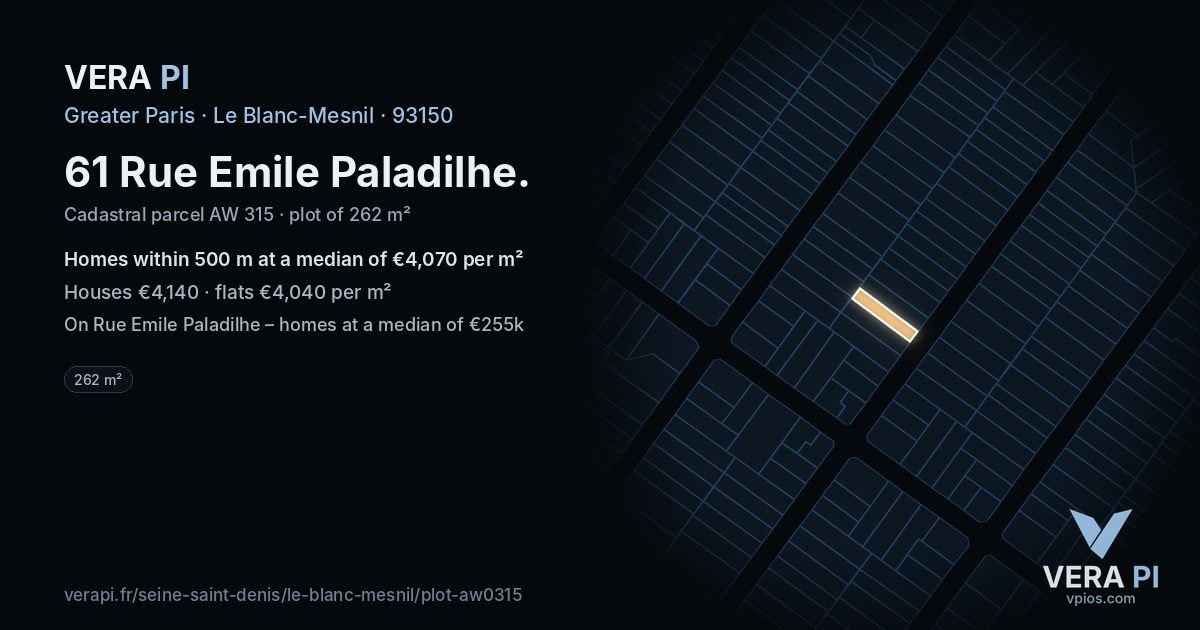 61 Rue Emile Paladilhe, Le Blanc-Mesnil at night – the plot lit, the parcels around coloured by the prices near them