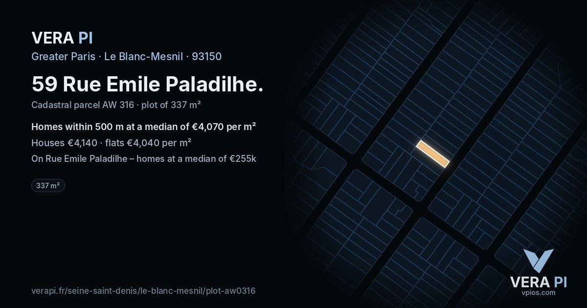 59 Rue Emile Paladilhe, Le Blanc-Mesnil at night – the plot lit, the parcels around coloured by the prices near them