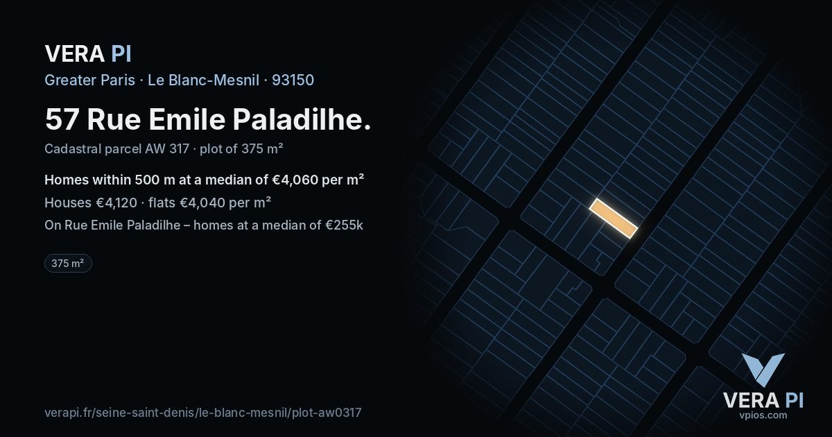 57 Rue Emile Paladilhe, Le Blanc-Mesnil at night – the plot lit, the parcels around coloured by the prices near them