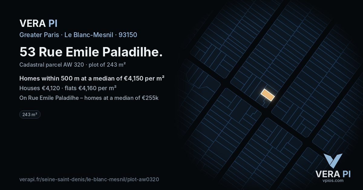 53 Rue Emile Paladilhe, Le Blanc-Mesnil at night – the plot lit, the parcels around coloured by the prices near them