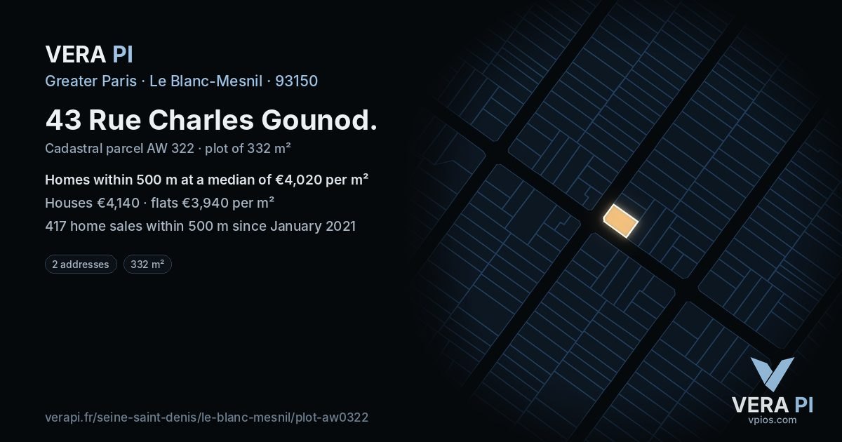 43 Rue Charles Gounod, Le Blanc-Mesnil at night – the plot lit, the parcels around coloured by the prices near them