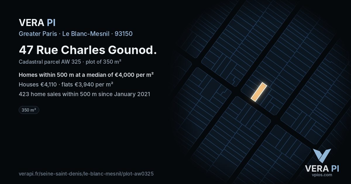 47 Rue Charles Gounod, Le Blanc-Mesnil at night – the plot lit, the parcels around coloured by the prices near them