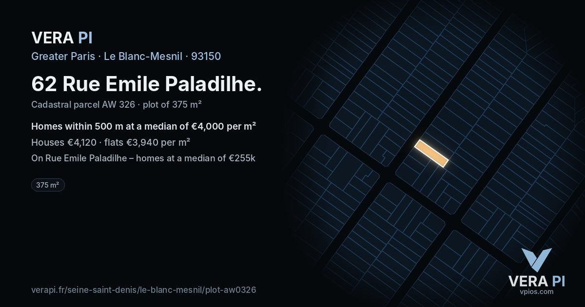 62 Rue Emile Paladilhe, Le Blanc-Mesnil at night – the plot lit, the parcels around coloured by the prices near them