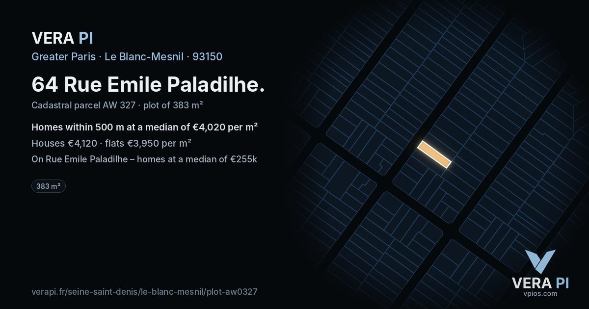 64 Rue Emile Paladilhe, Le Blanc-Mesnil at night – the plot lit, the parcels around coloured by the prices near them