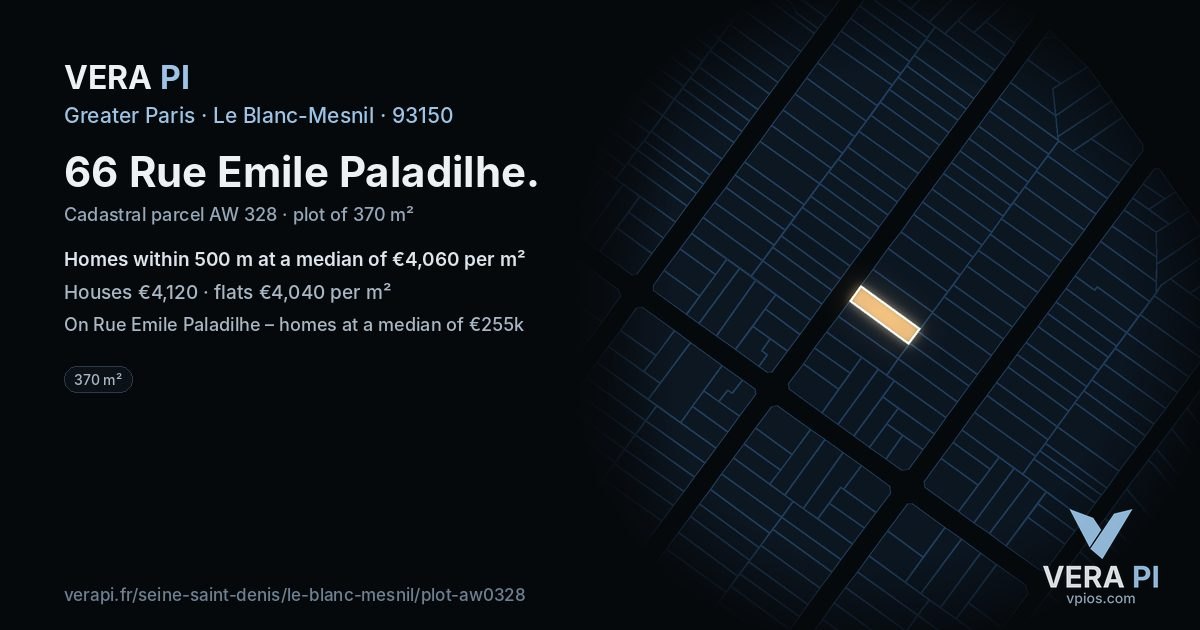 66 Rue Emile Paladilhe, Le Blanc-Mesnil at night – the plot lit, the parcels around coloured by the prices near them