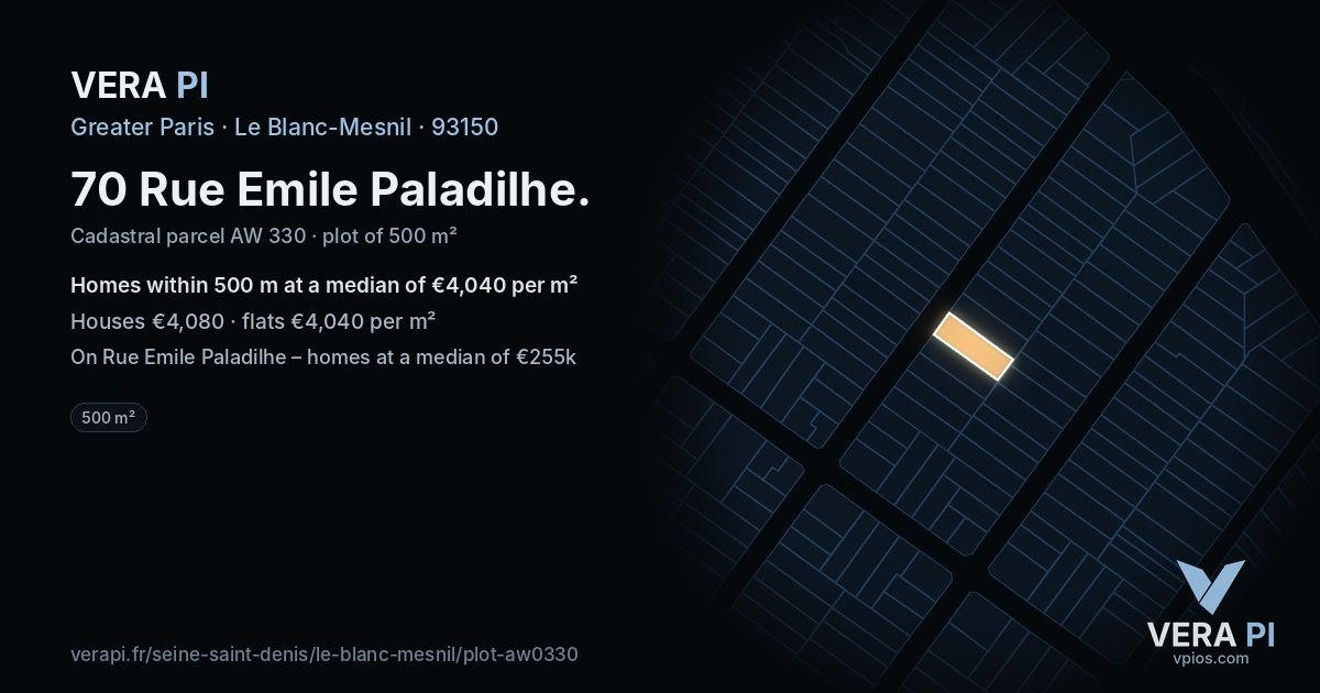70 Rue Emile Paladilhe, Le Blanc-Mesnil at night – the plot lit, the parcels around coloured by the prices near them