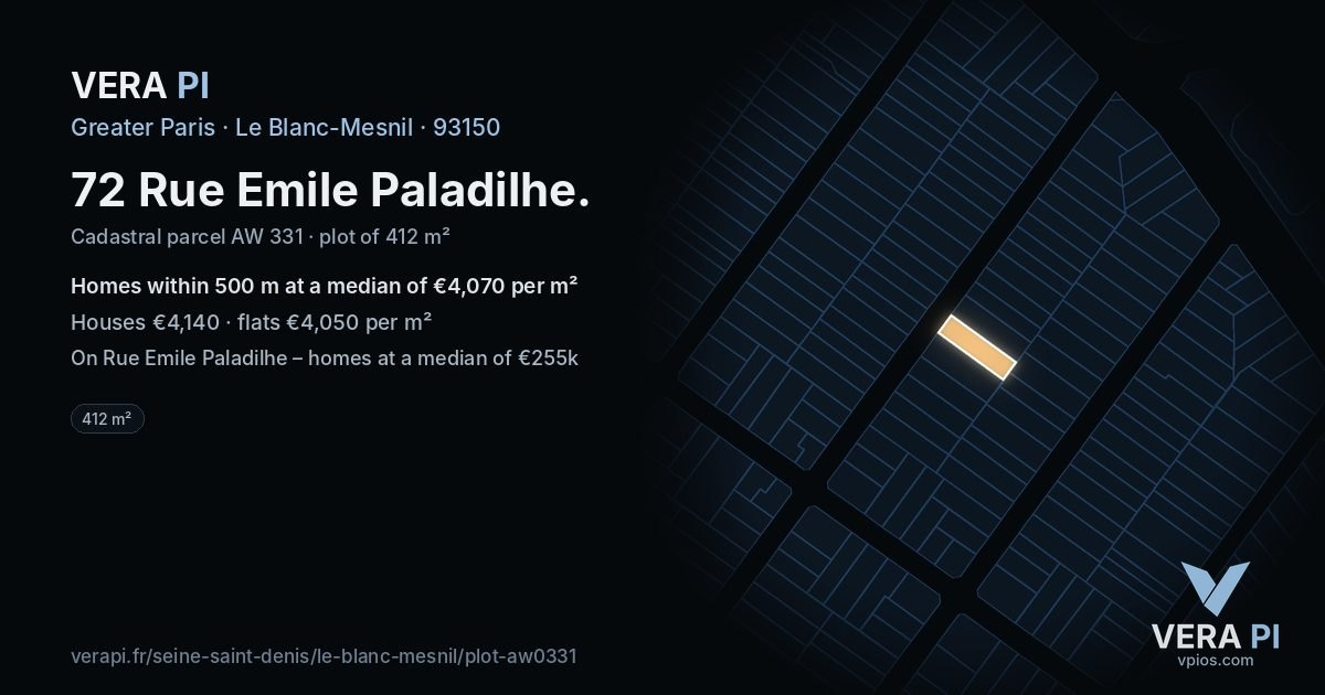 72 Rue Emile Paladilhe, Le Blanc-Mesnil at night – the plot lit, the parcels around coloured by the prices near them
