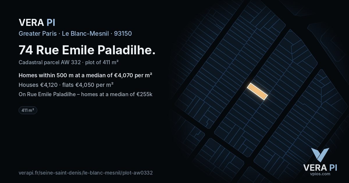 74 Rue Emile Paladilhe, Le Blanc-Mesnil at night – the plot lit, the parcels around coloured by the prices near them