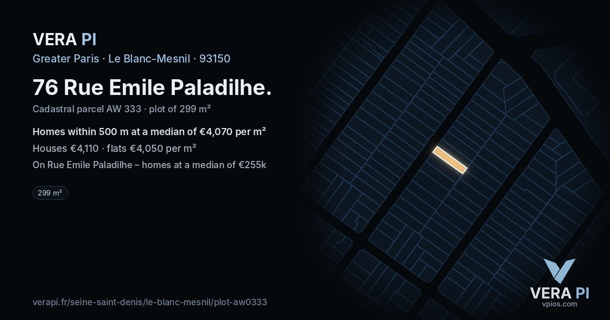 76 Rue Emile Paladilhe, Le Blanc-Mesnil at night – the plot lit, the parcels around coloured by the prices near them