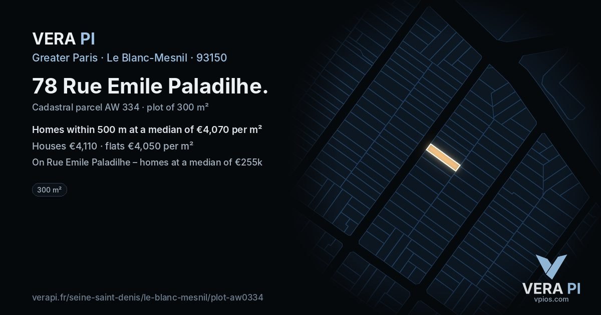 78 Rue Emile Paladilhe, Le Blanc-Mesnil at night – the plot lit, the parcels around coloured by the prices near them