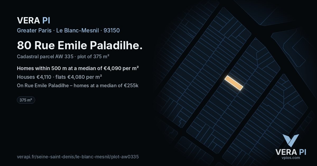 80 Rue Emile Paladilhe, Le Blanc-Mesnil at night – the plot lit, the parcels around coloured by the prices near them