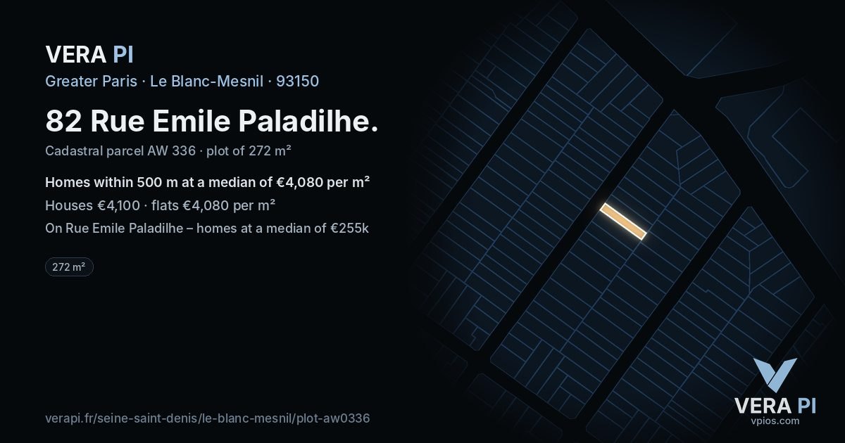 82 Rue Emile Paladilhe, Le Blanc-Mesnil at night – the plot lit, the parcels around coloured by the prices near them