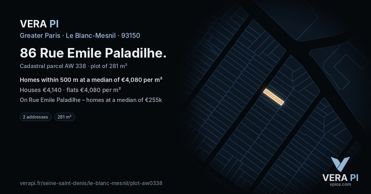 86 Rue Emile Paladilhe, Le Blanc-Mesnil at night – the plot lit, the parcels around coloured by the prices near them