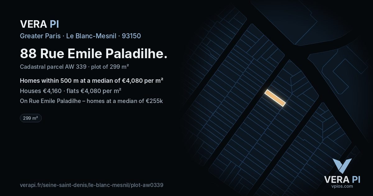 88 Rue Emile Paladilhe, Le Blanc-Mesnil at night – the plot lit, the parcels around coloured by the prices near them