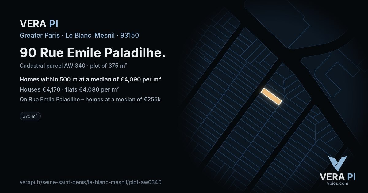 90 Rue Emile Paladilhe, Le Blanc-Mesnil at night – the plot lit, the parcels around coloured by the prices near them
