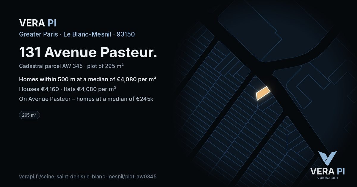 131 Avenue Pasteur, Le Blanc-Mesnil at night – the plot lit, the parcels around coloured by the prices near them