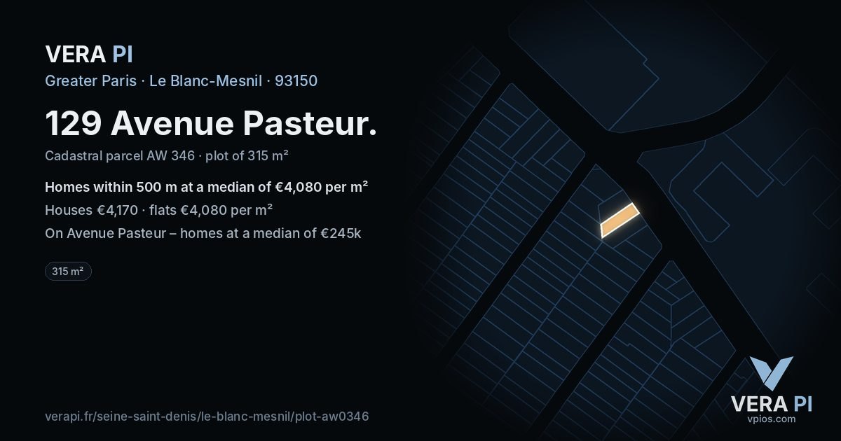 129 Avenue Pasteur, Le Blanc-Mesnil at night – the plot lit, the parcels around coloured by the prices near them