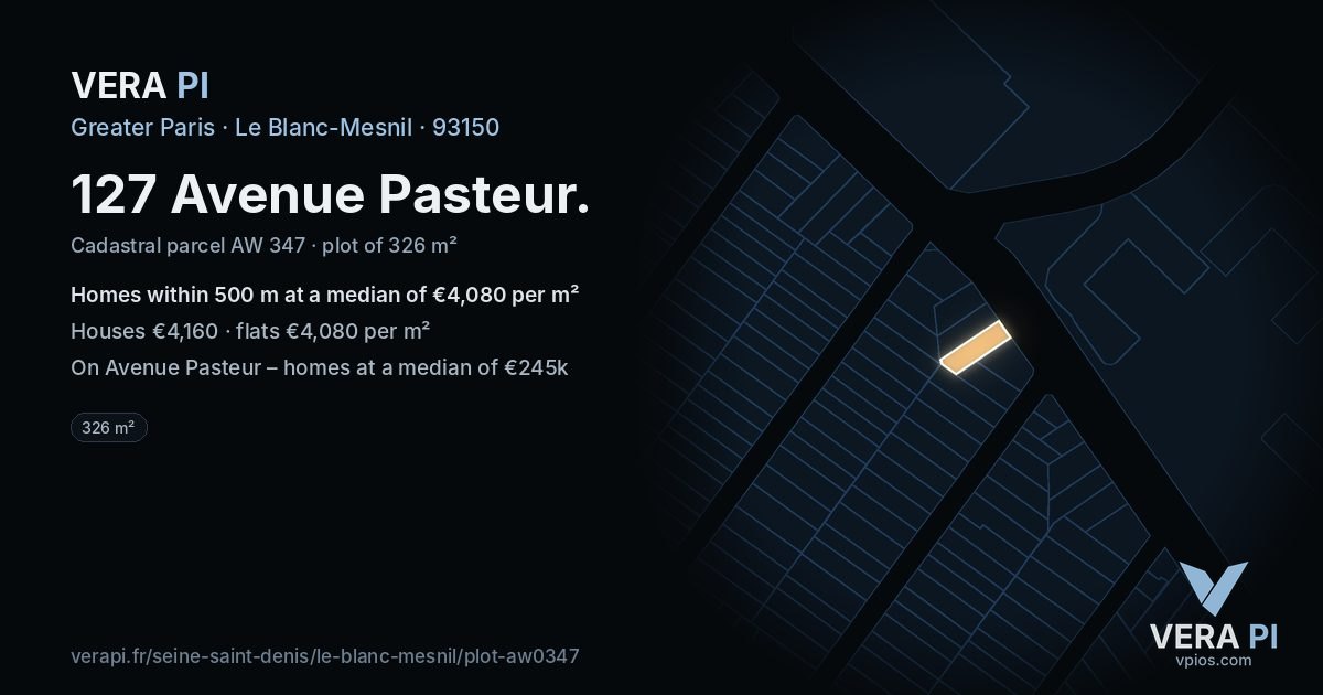 127 Avenue Pasteur, Le Blanc-Mesnil at night – the plot lit, the parcels around coloured by the prices near them