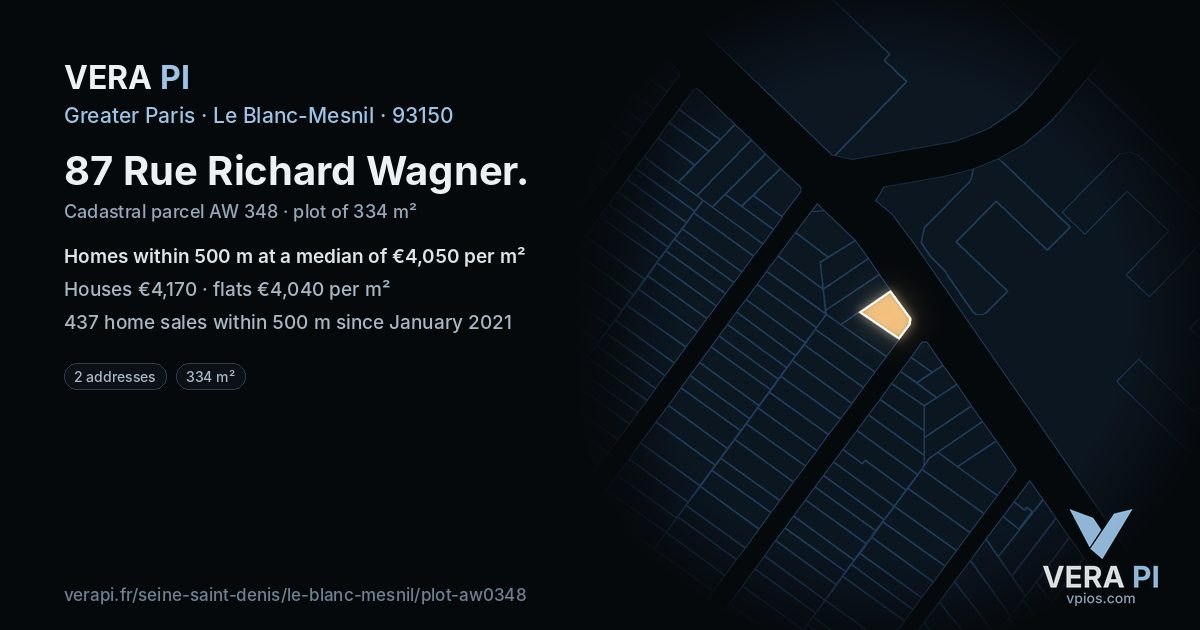 87 Rue Richard Wagner, Le Blanc-Mesnil at night – the plot lit, the parcels around coloured by the prices near them