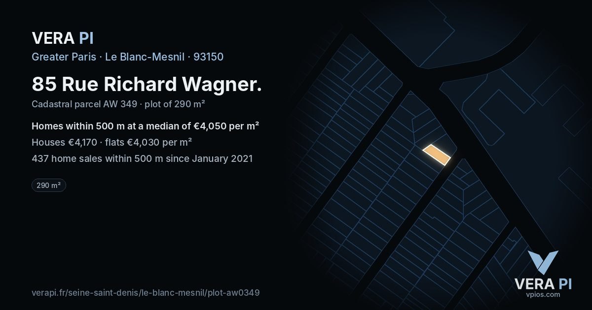 85 Rue Richard Wagner, Le Blanc-Mesnil at night – the plot lit, the parcels around coloured by the prices near them
