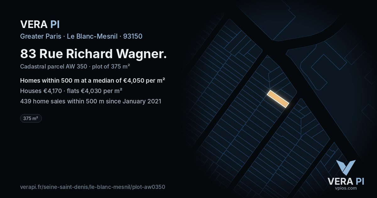 83 Rue Richard Wagner, Le Blanc-Mesnil at night – the plot lit, the parcels around coloured by the prices near them