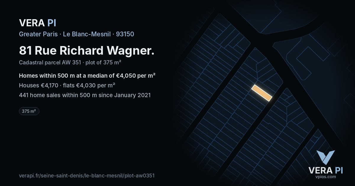 81 Rue Richard Wagner, Le Blanc-Mesnil at night – the plot lit, the parcels around coloured by the prices near them