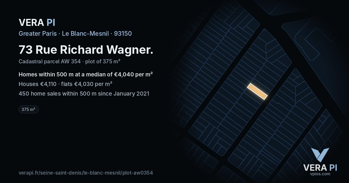 73 Rue Richard Wagner, Le Blanc-Mesnil at night – the plot lit, the parcels around coloured by the prices near them