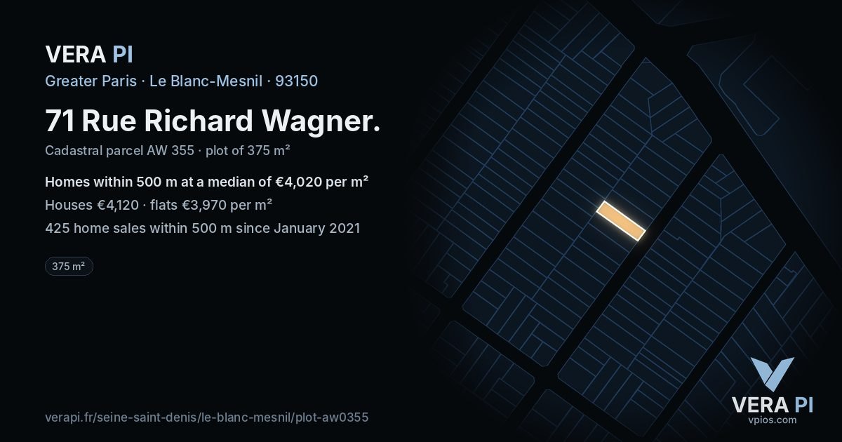 71 Rue Richard Wagner, Le Blanc-Mesnil at night – the plot lit, the parcels around coloured by the prices near them