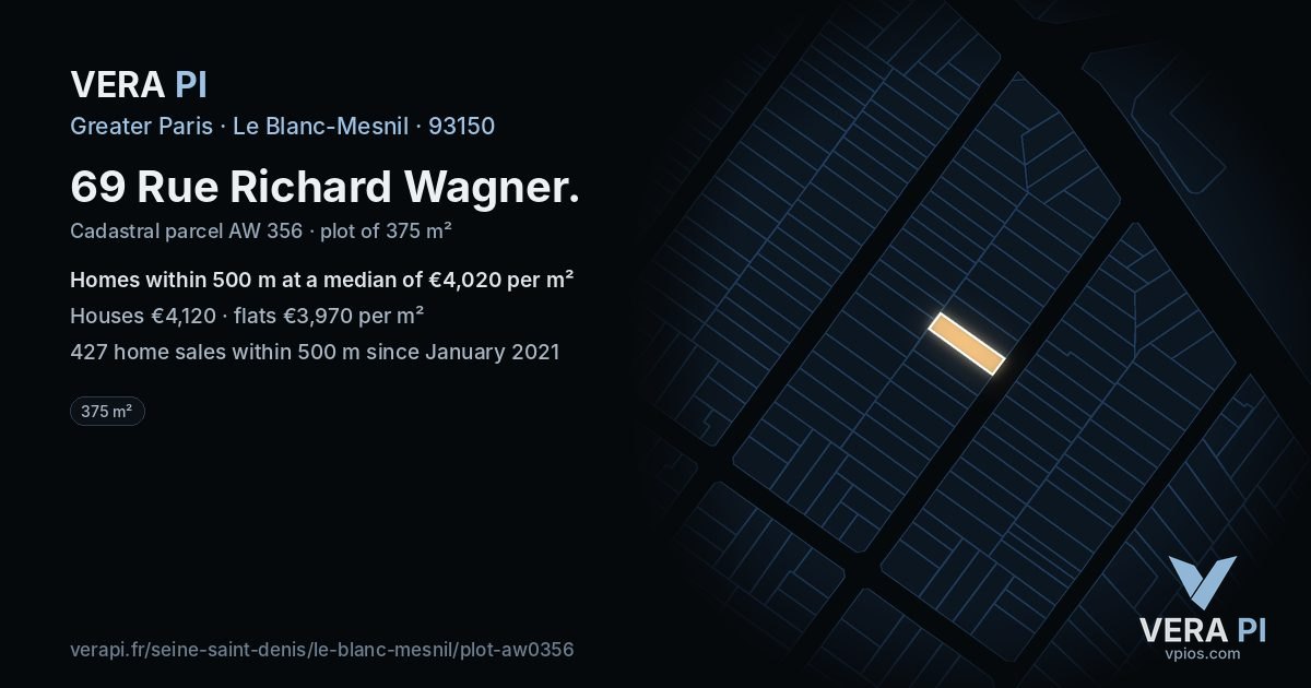 69 Rue Richard Wagner, Le Blanc-Mesnil at night – the plot lit, the parcels around coloured by the prices near them