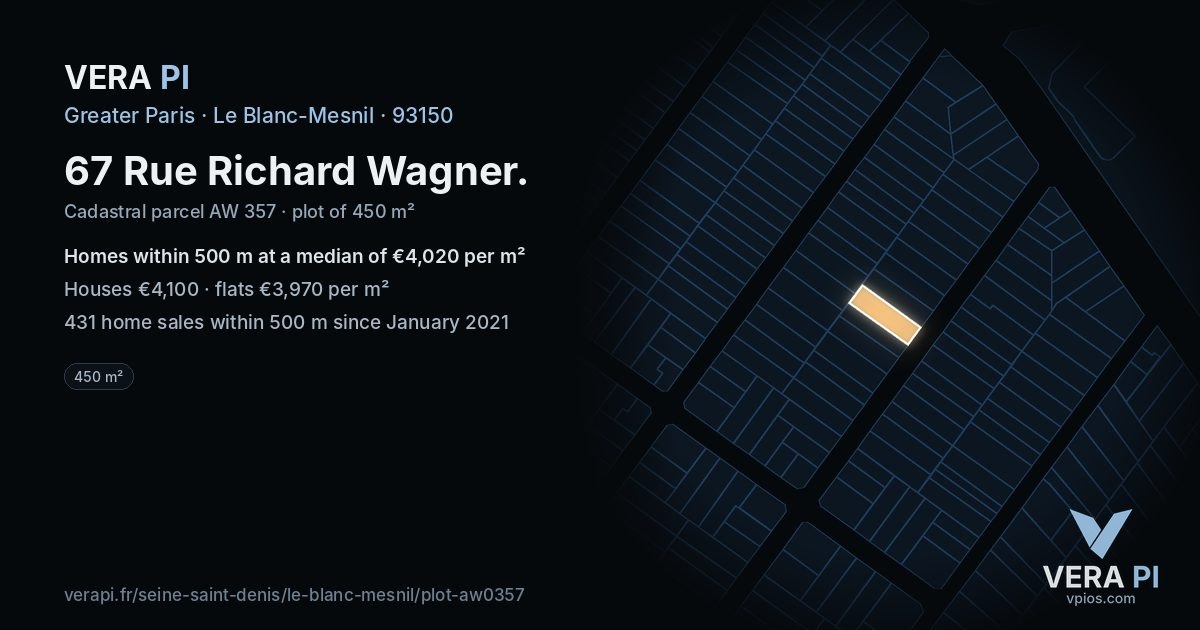 67 Rue Richard Wagner, Le Blanc-Mesnil at night – the plot lit, the parcels around coloured by the prices near them