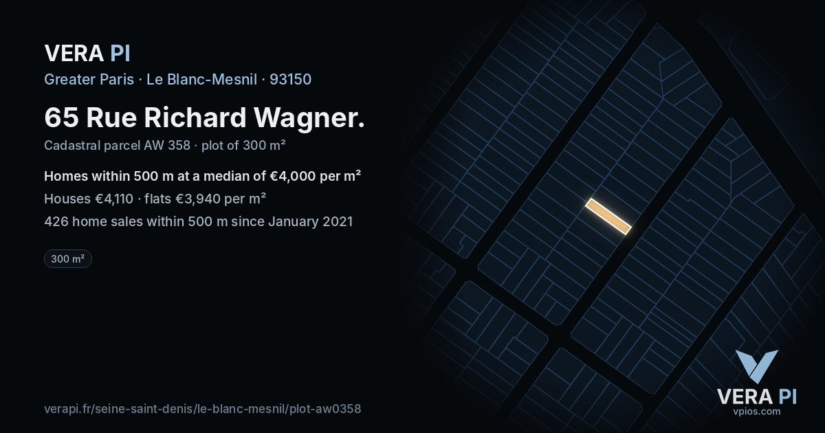 65 Rue Richard Wagner, Le Blanc-Mesnil at night – the plot lit, the parcels around coloured by the prices near them