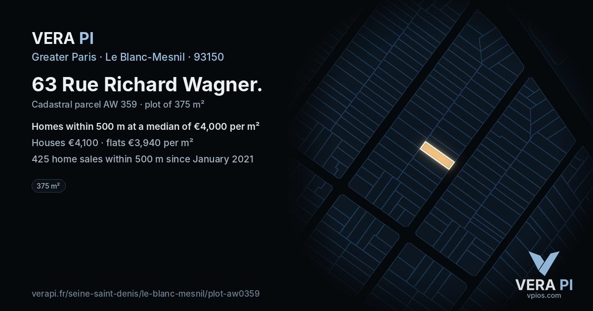 63 Rue Richard Wagner, Le Blanc-Mesnil at night – the plot lit, the parcels around coloured by the prices near them