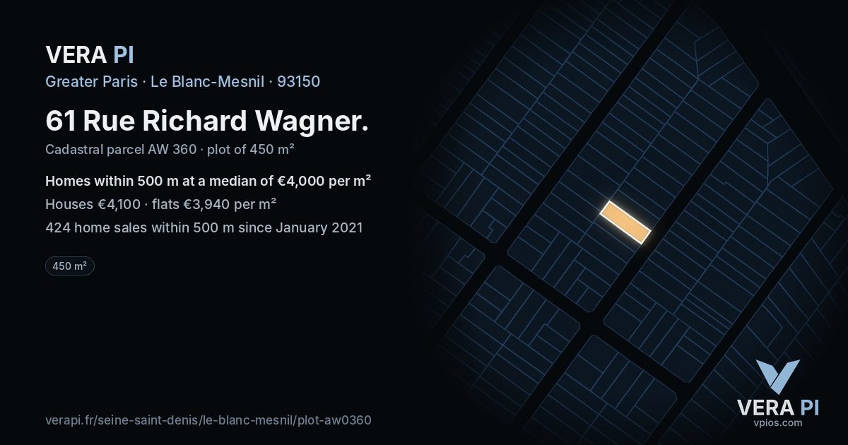61 Rue Richard Wagner, Le Blanc-Mesnil at night – the plot lit, the parcels around coloured by the prices near them